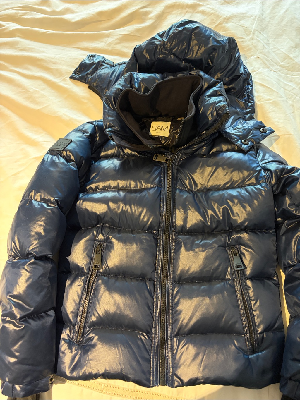 Sam. Shiny Navy Quilted Puffer Jacket With Hood